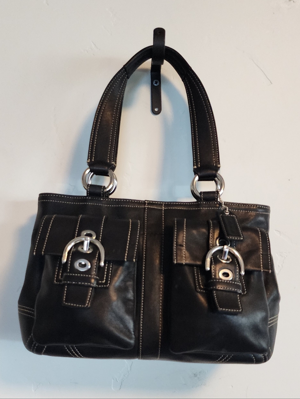 Coach Black Leather Shoulder Bag with Buckle Pocket Accents